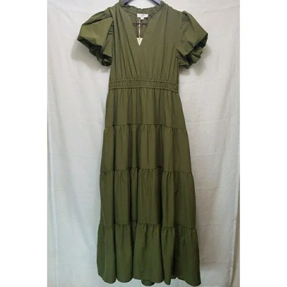 NWT Entro Olive Green Tiered Maxi Dress Sz L Puff Sleeve V-Neck Boho Cottagecore - Picture 1 of 14